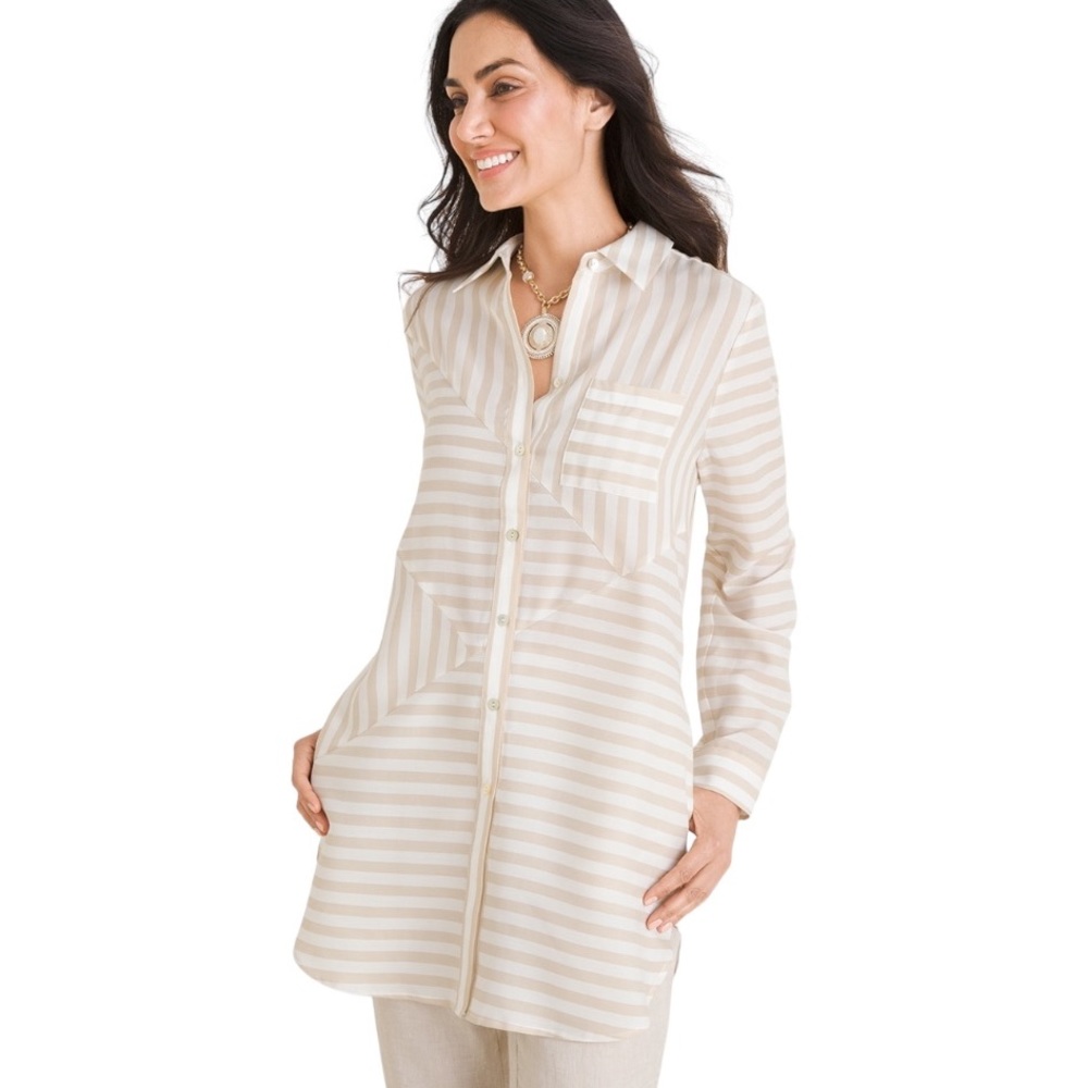 Chico’s Petite Splice Striped Longline Button Front Tunic Top Tan‎ White Striped